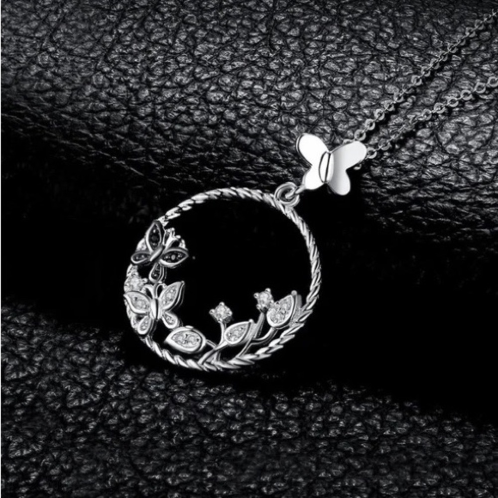 Butterfly Flower S925 Silver Pendant Natural Black Spinel Gemstone No Chain - Picture 2 of 6
